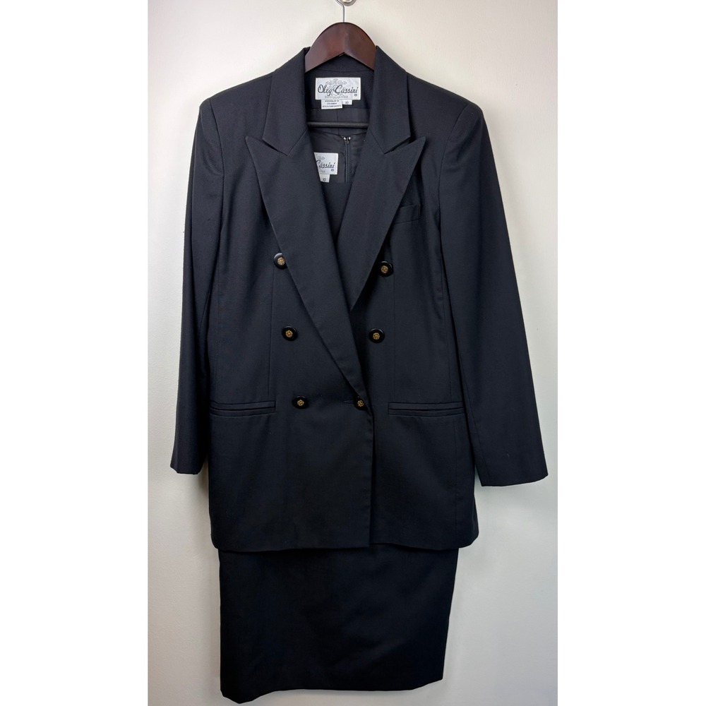 Vintage Oleg Cassini 2 Pc Dress Suit 10 Black Blazer Old Money Sheath Set 90s